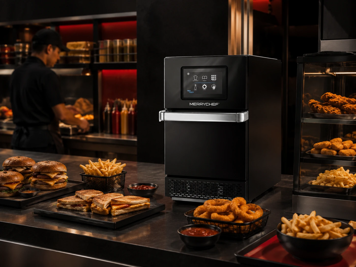 Operação fast food preparando lanches e porções crocantes